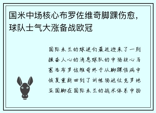 国米中场核心布罗佐维奇脚踝伤愈，球队士气大涨备战欧冠