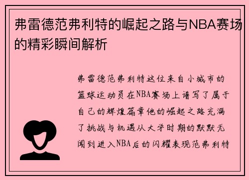 弗雷德范弗利特的崛起之路与NBA赛场的精彩瞬间解析